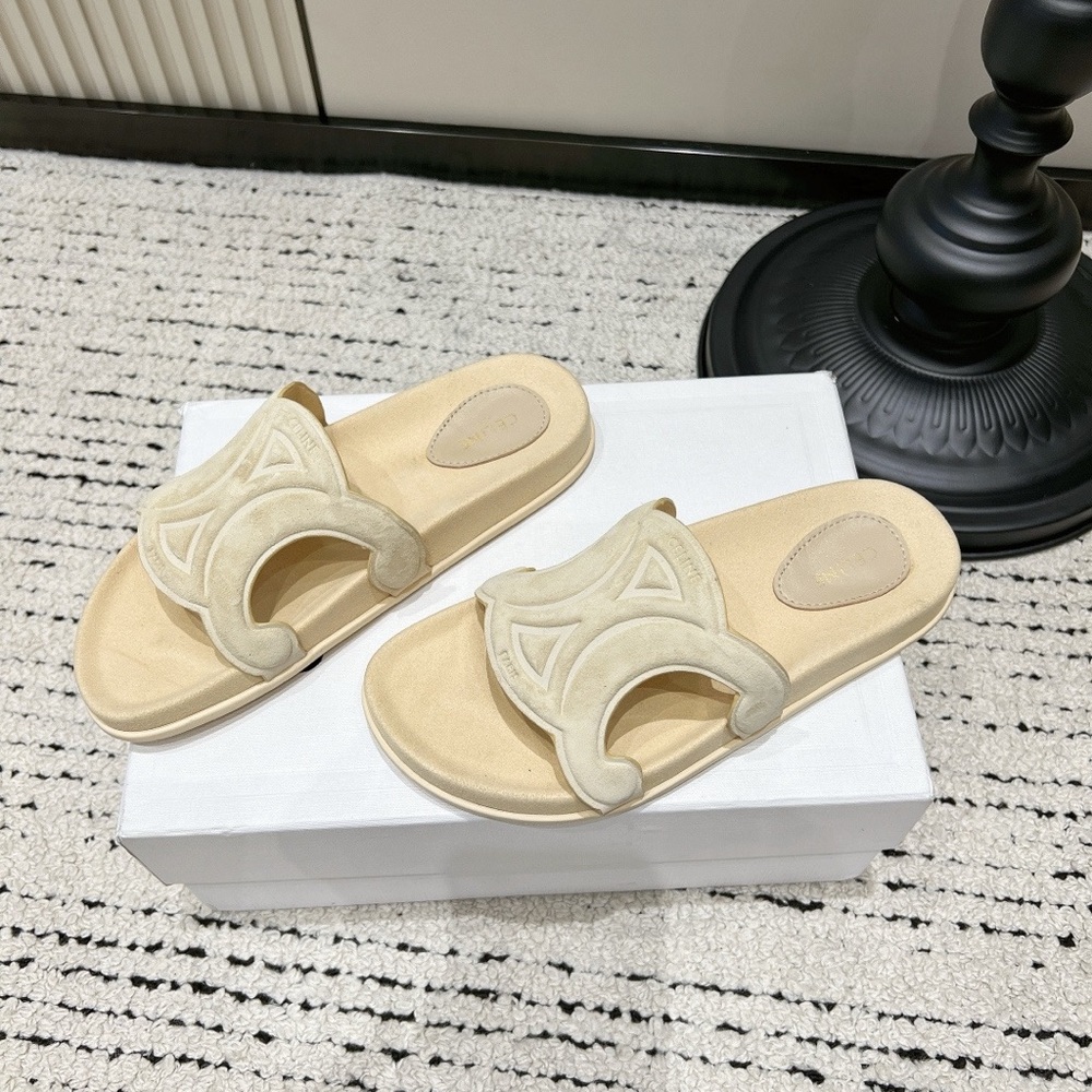 Celine Cream Suede Slide Sandals with Signature Cutout - Picture 3 of 9